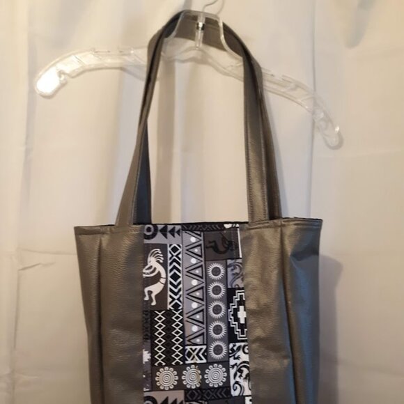 New Southwestern Kokopelli Tote Shopper shoulder Bag Gray Double handle Carryall - Picture 2 of 11